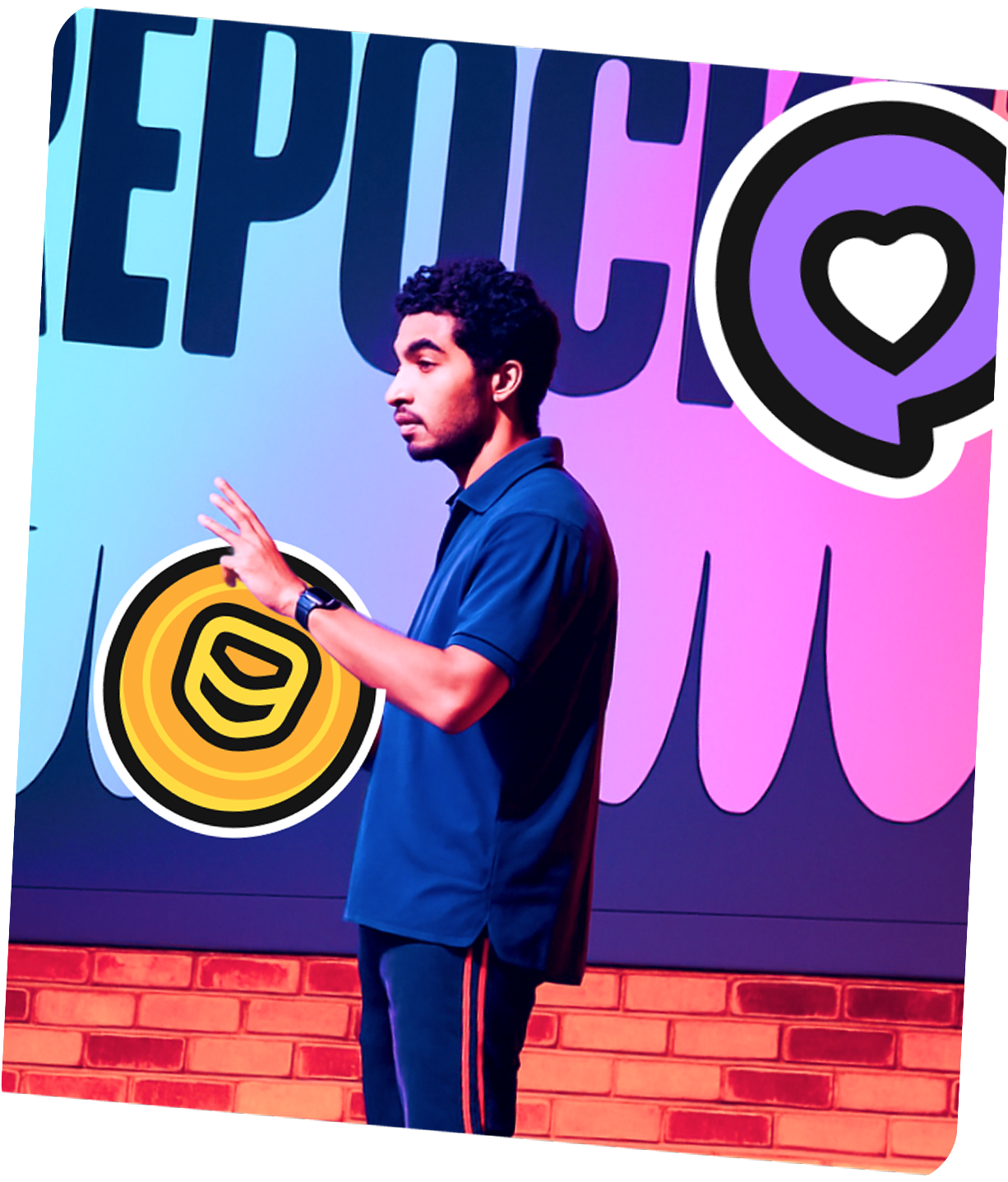 Person standing near colorful wall with peace sign