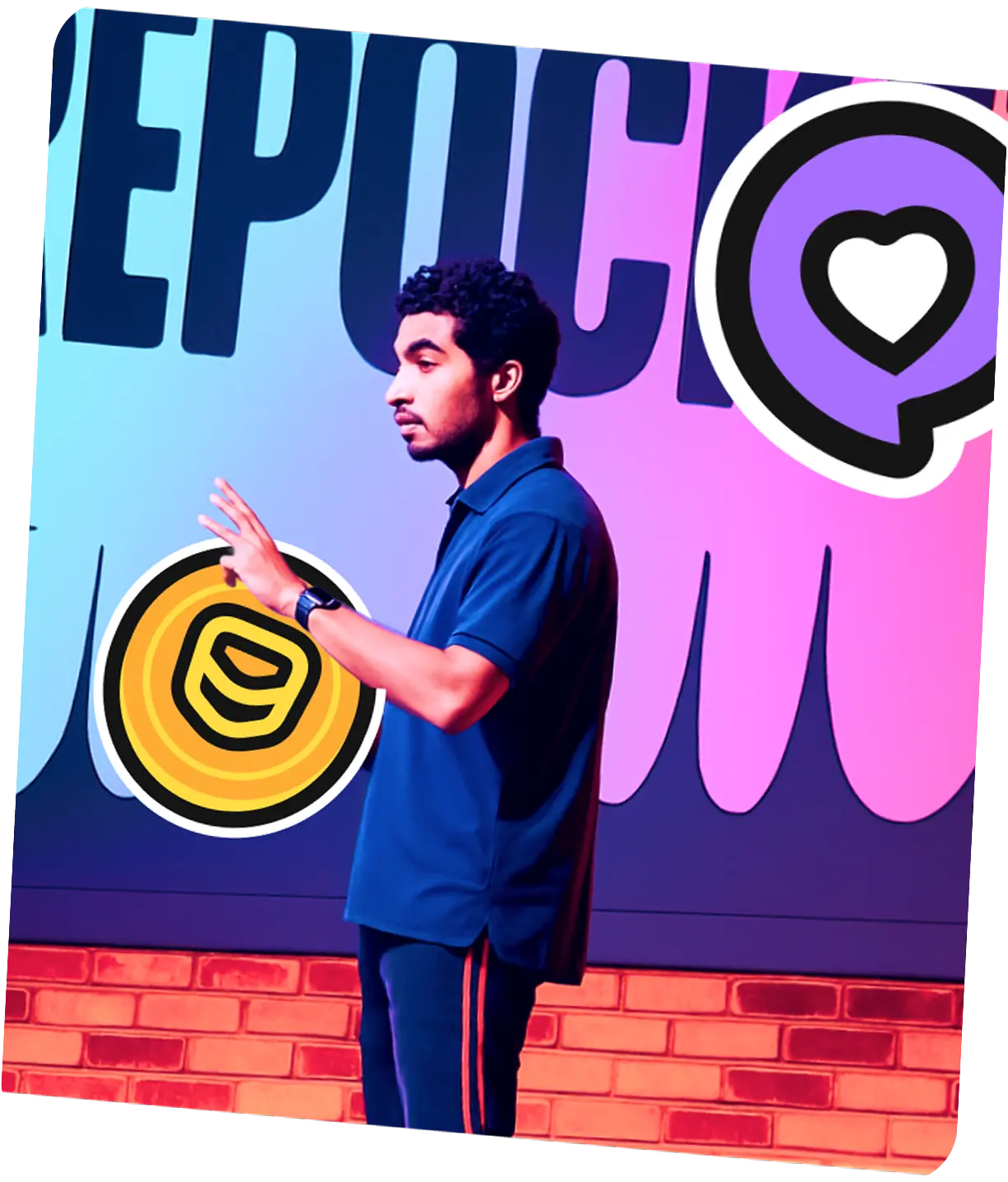 Person standing near colorful wall with peace sign